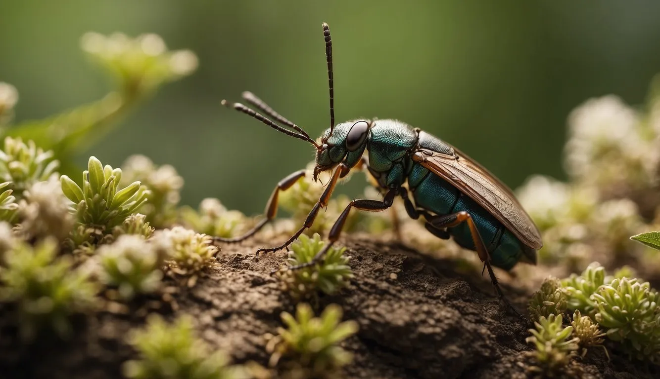 A diverse ecosystem of insects and plants coexisting in a balanced environment, with natural predators keeping pest populations in check