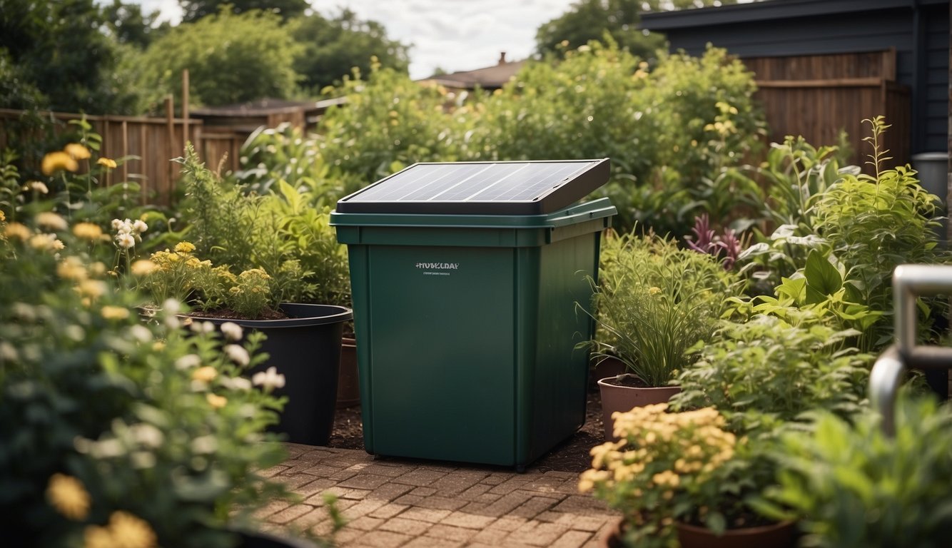 A lush garden with solar panels, a compost bin, and a rainwater collection system, surrounded by native plants and a recycling station