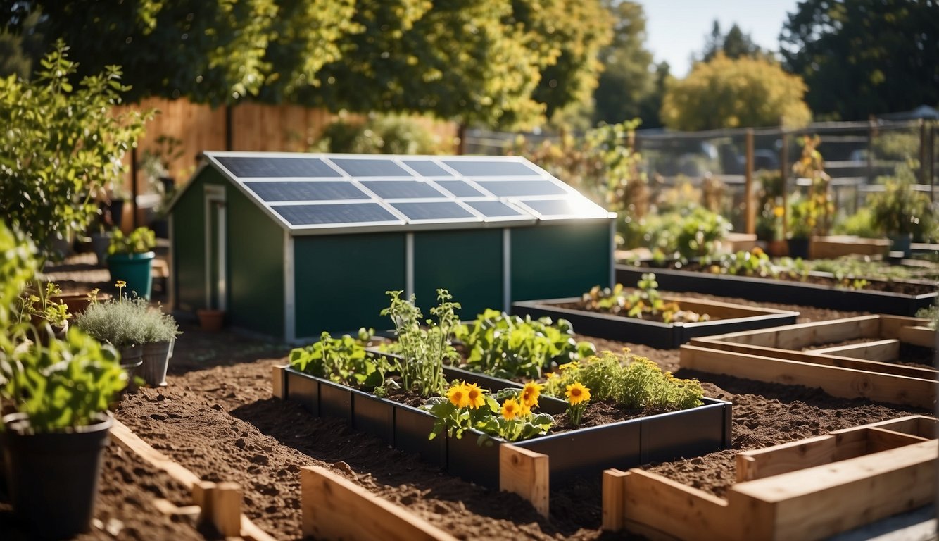 A community garden with raised beds, compost bins, and a rainwater collection system. Solar panels power the outdoor workspace and education area