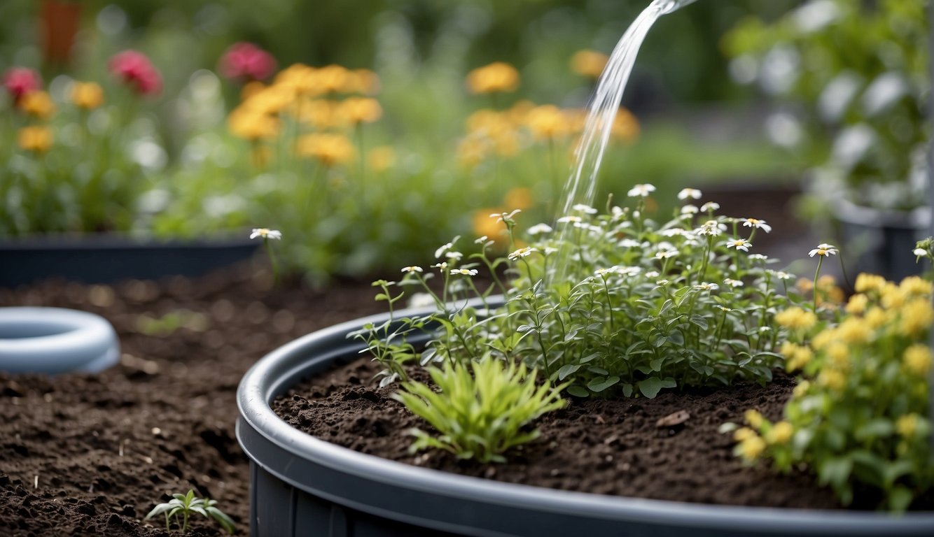 A garden bed being watered with a drip irrigation system, surrounded by native plants and mulch. A compost bin and rain barrel are nearby