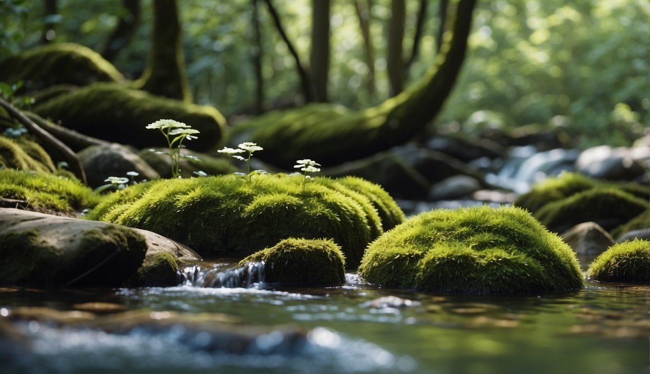 Lush forest with diverse flora and fauna, flowing river, and clear blue sky. Various animal species coexisting in their natural habitat