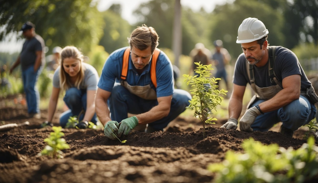 A group of people working on sustainable outdoor projects, planting trees, building eco-friendly structures, and installing solar panels