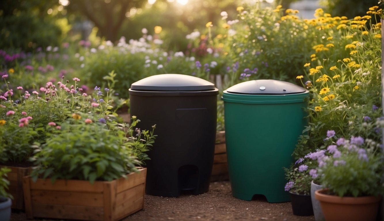 Lush garden with compost bins, rain barrels, and solar-powered lights. Bees buzzing around pollinator-friendly flowers. Recycled materials used for DIY planters