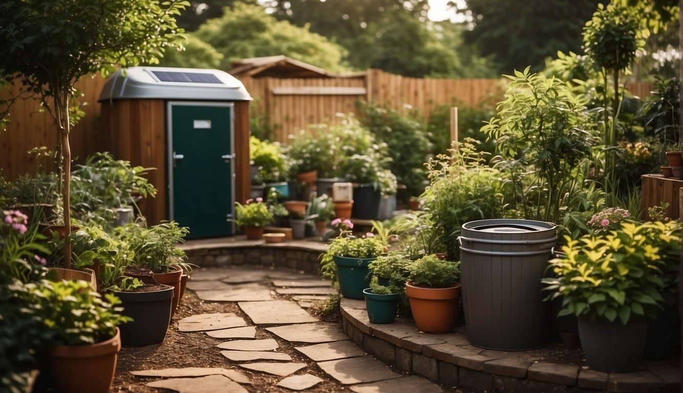 Lush garden with recycled planters, compost bin, and rain barrel. Solar-powered lights illuminate the eco-friendly space. Wildlife-friendly features include bird feeders and insect hotels