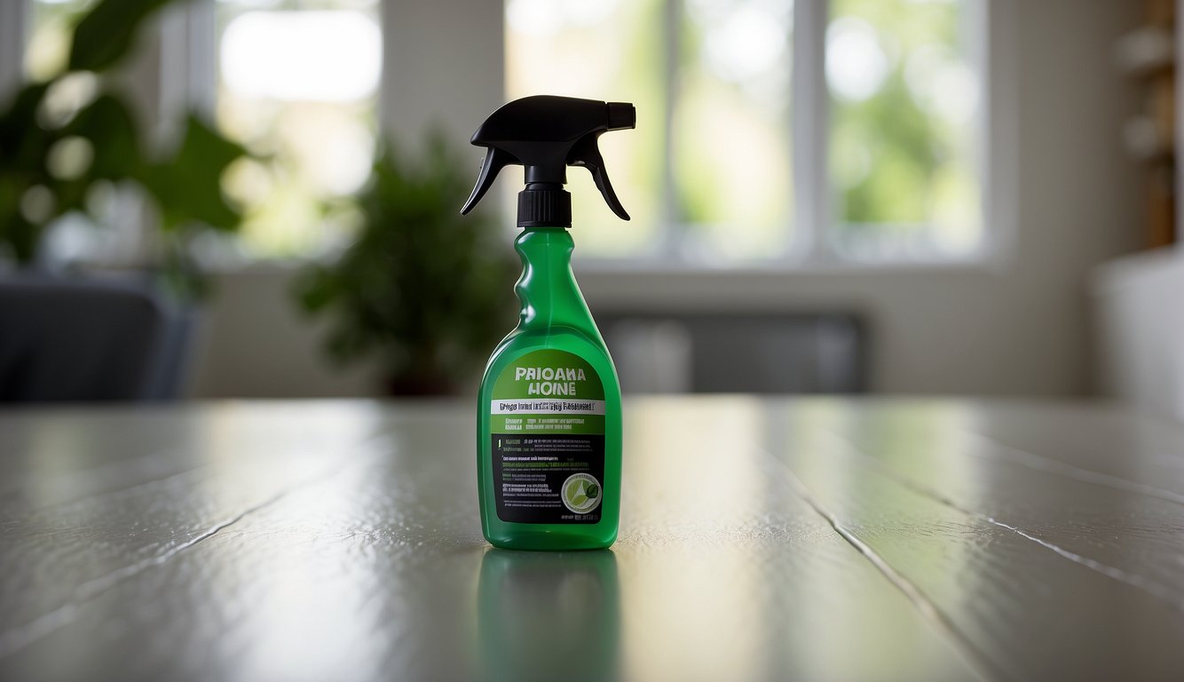 A spray bottle dispenses green fly repellent onto a clean, sanitized surface in a home, surrounded by other preventive measures