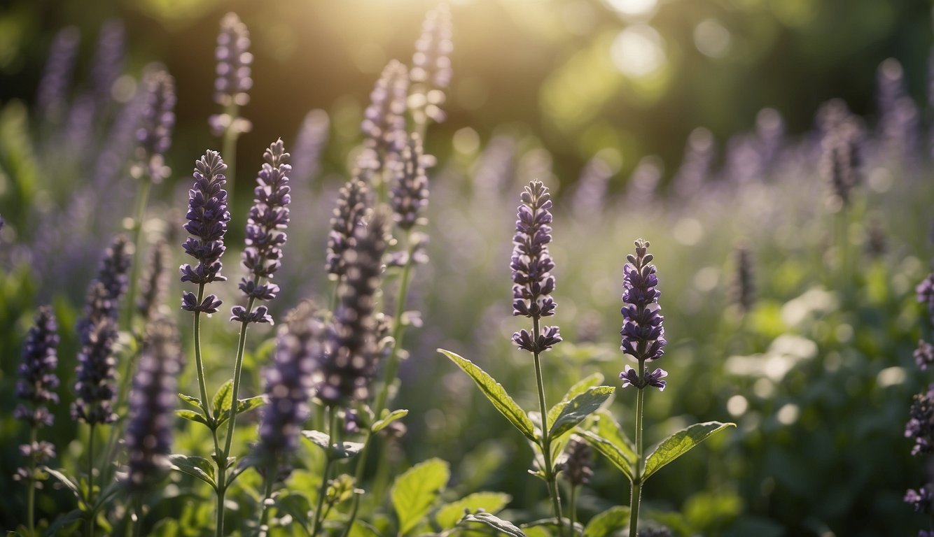 A garden scene with various plants and herbs such as lavender, mint, and citronella, emitting a strong and pleasant fragrance. A few flies are seen hovering around but quickly fly away