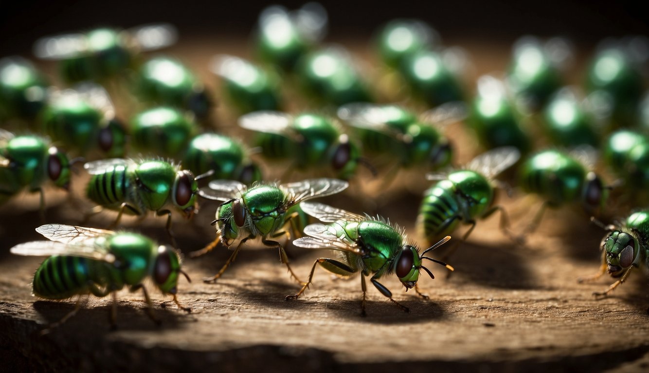 A group of green flies buzzing around a bottle labeled "Frequently Asked Questions Green Fly Repellents."