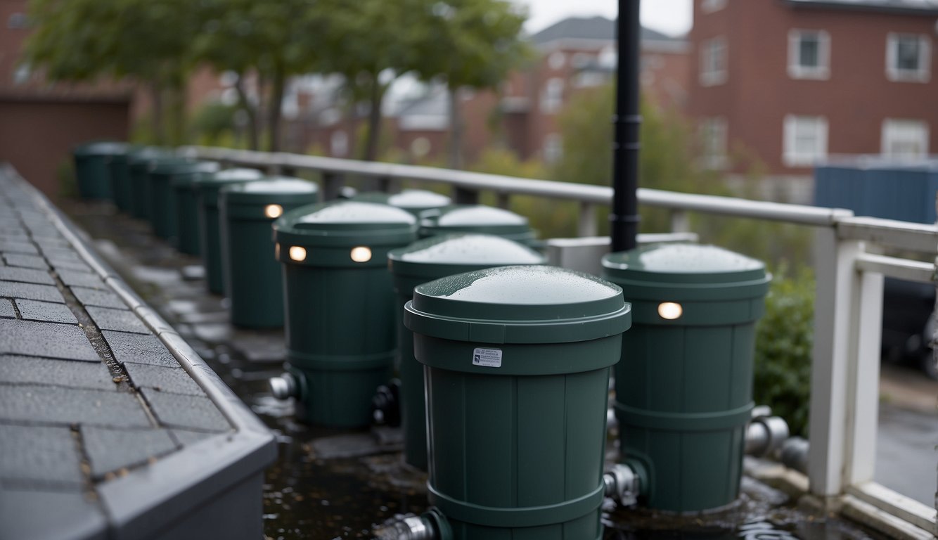 Rain barrels and gutters collect water from urban rooftops. Downspouts direct water into storage containers. Overflow pipes prevent flooding