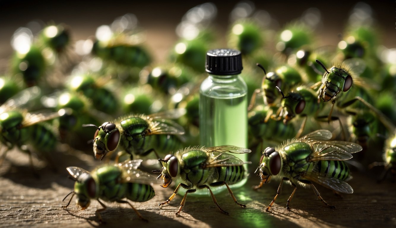 A group of green flies swarming around a bottle of repellent, with a clear label reading "Green Fly Repellents" on the front