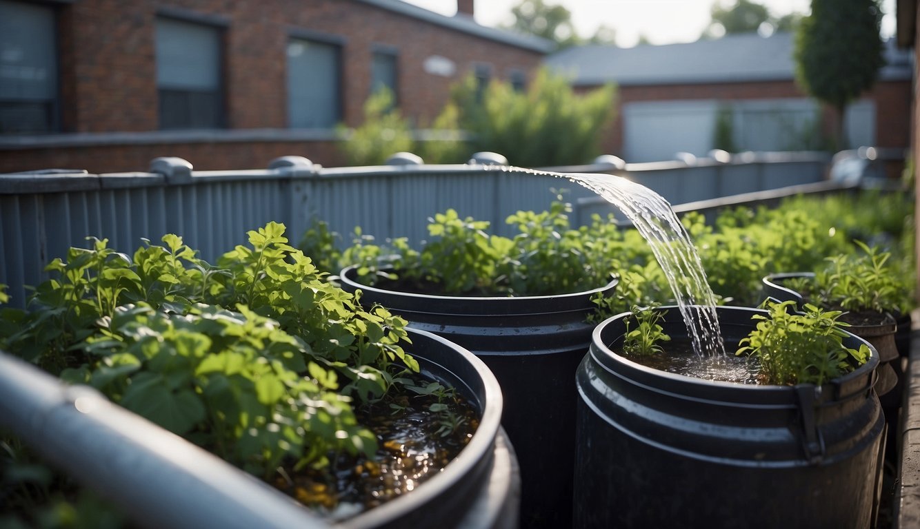 Rainwater cascades from rooftops into collection barrels. Pipes connect them to irrigation systems. Buildings and gardens flourish
