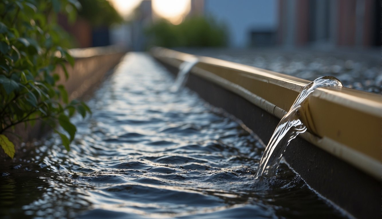 Rainwater flows into urban collection systems from rooftops and gutters. Downspouts direct water into barrels or cisterns for storage. Overflow pipes prevent flooding