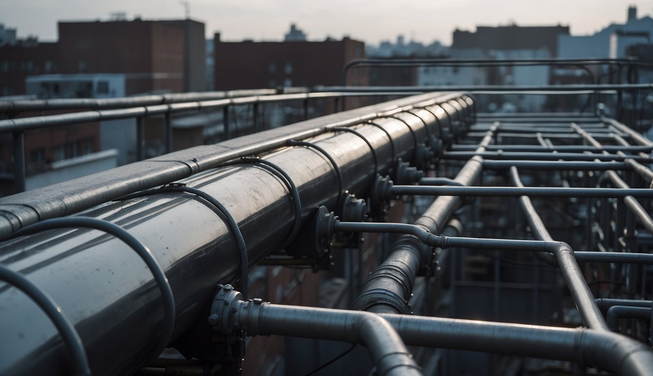 A network of pipes collects rainwater from urban rooftops, directing it to storage tanks. Gutters and downspouts channel water into the system