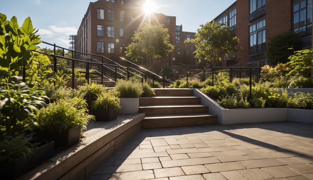 A wheelchair ramp leads to a lush rooftop garden with raised planters and wide pathways. A shaded seating area and accessible amenities make it welcoming for all