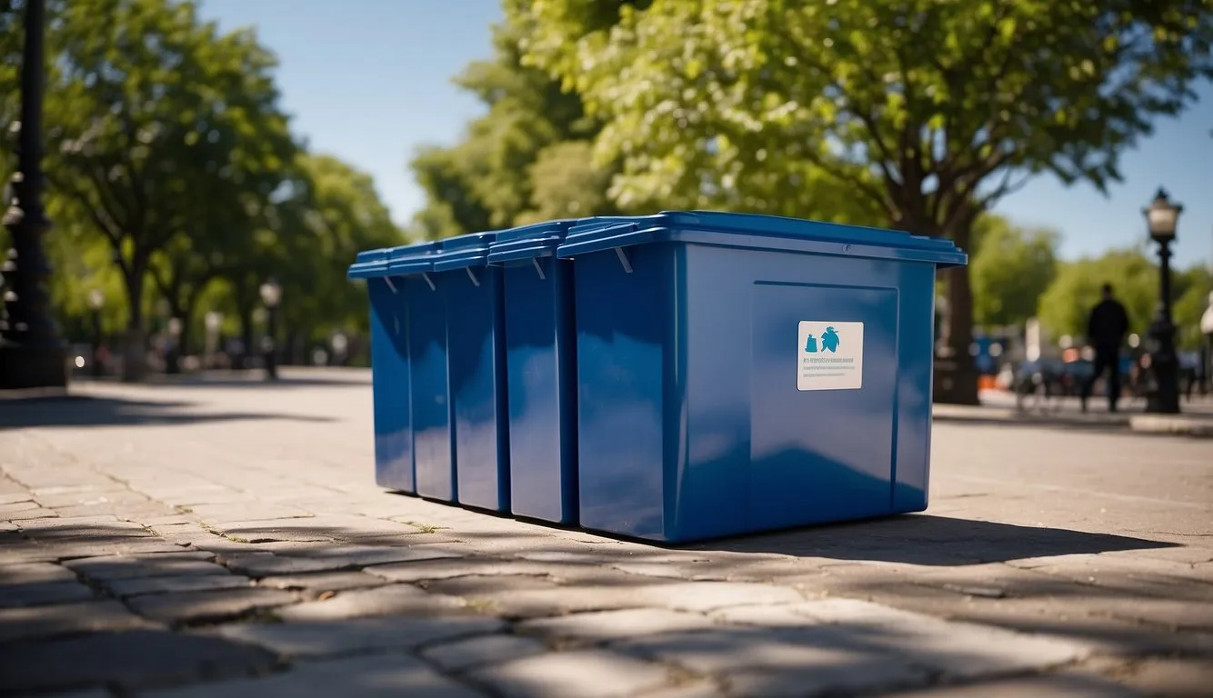 A bright, sunny day with a blue sky and lush green trees. A recycling bin with separate compartments for paper, plastic, and glass is placed next to a busy sidewalk