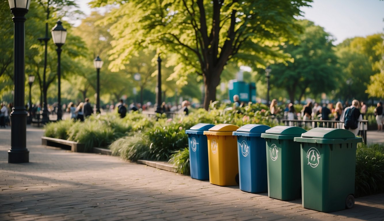 A vibrant city park with recycling bins and people disposing of bottles and cans. Lush greenery and clear signage promote environmental awareness