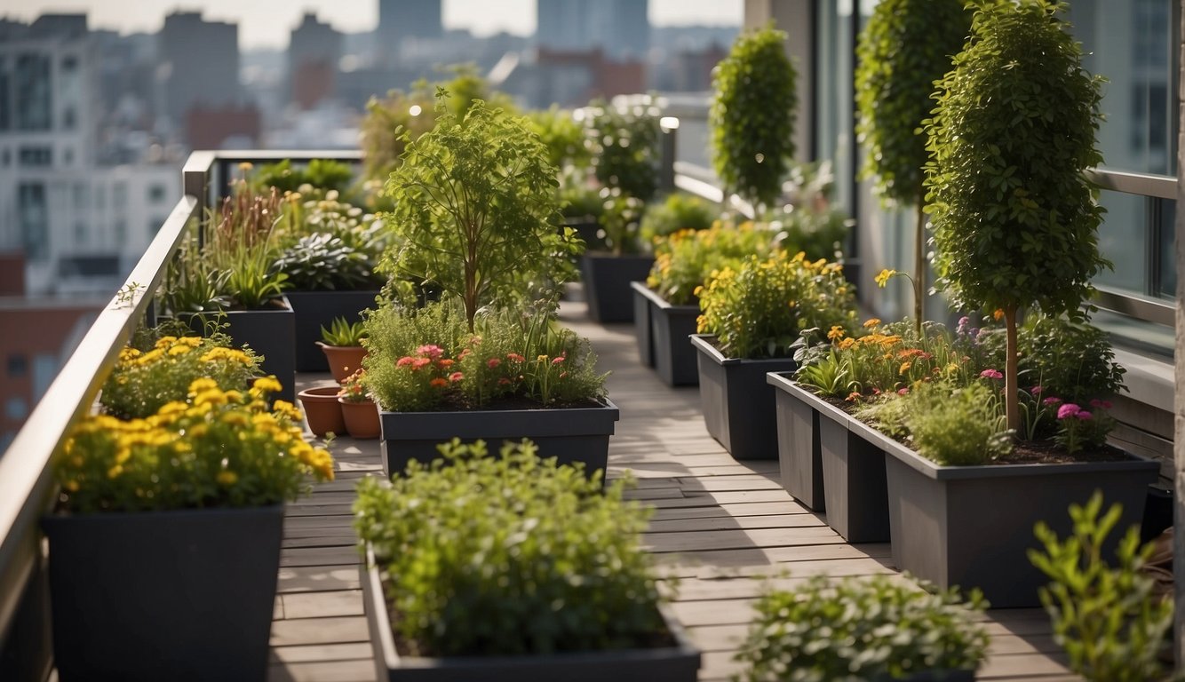 The apartment roof garden is easily accessible for maintenance and care. A wide path leads to the garden, with tools and supplies neatly organized nearby
