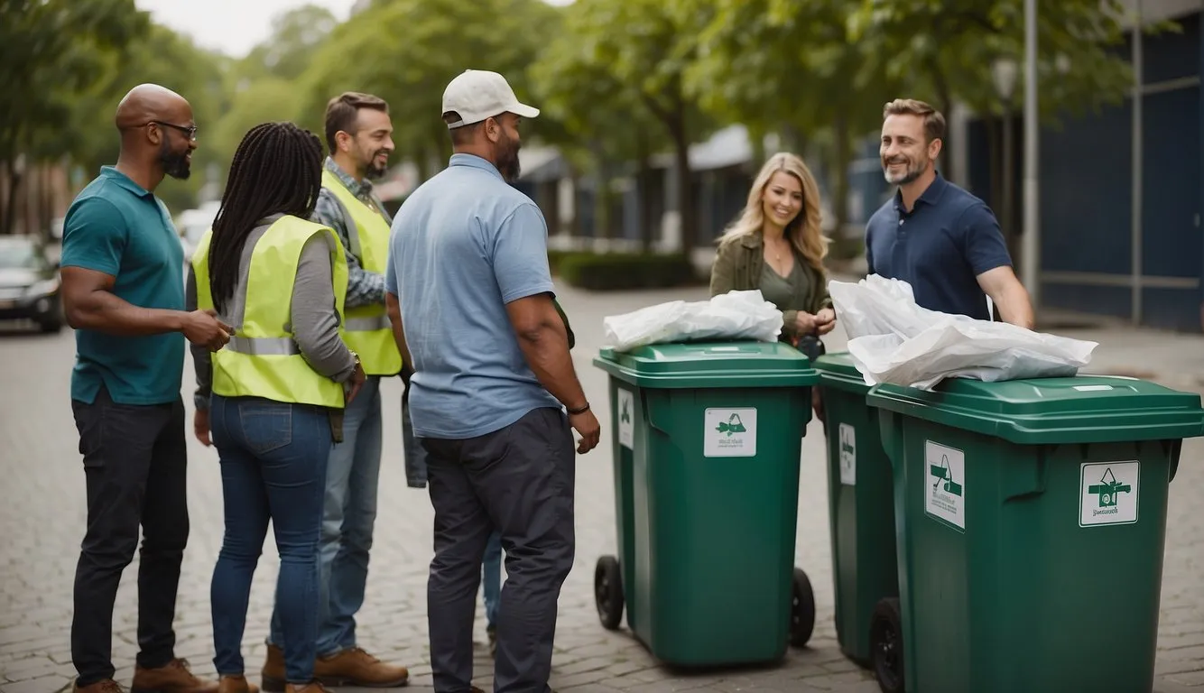 A diverse group of people are actively recycling outdoors, using separate bins for paper, plastic, and glass. A recycling truck is collecting the bins, and a sign displays recycling guidelines