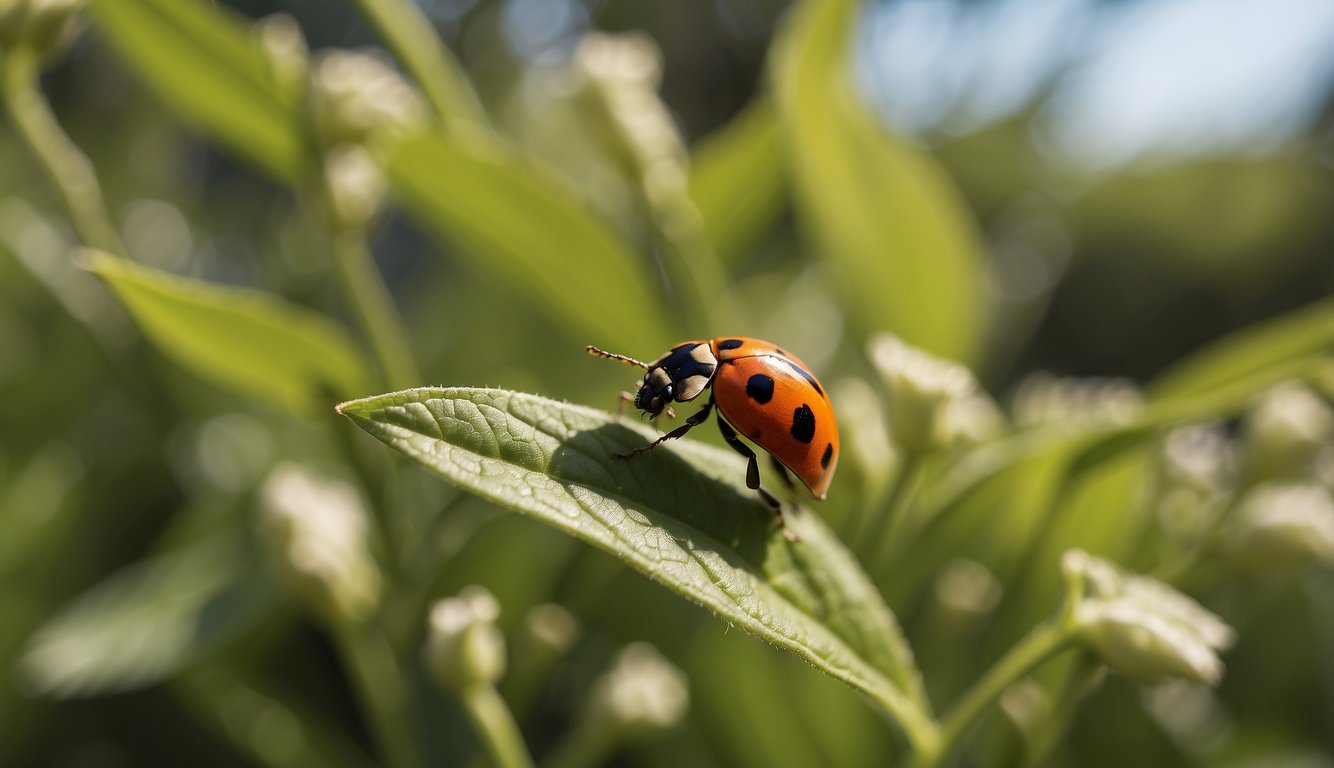A garden with ladybugs, praying mantises, and other natural predators controlling pests on plants