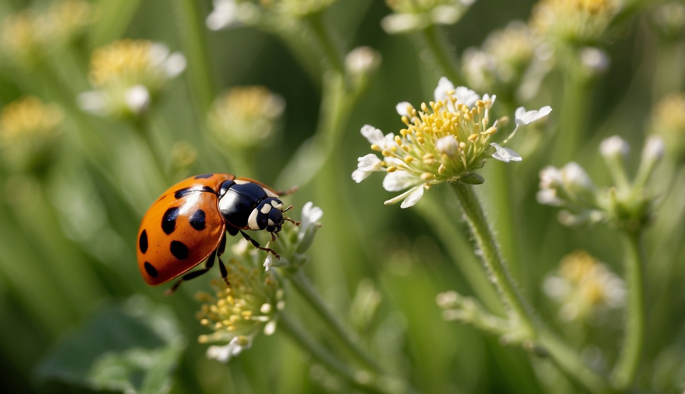 A garden with natural pest control methods: ladybugs, praying mantises, and companion planting. No chemical sprays in sight