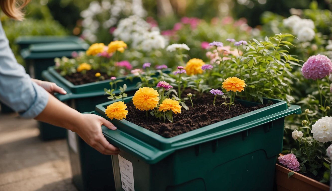A garden with separate bins for compost, paper, and plastic. A person is placing items in each bin, surrounded by lush greenery and blooming flowers