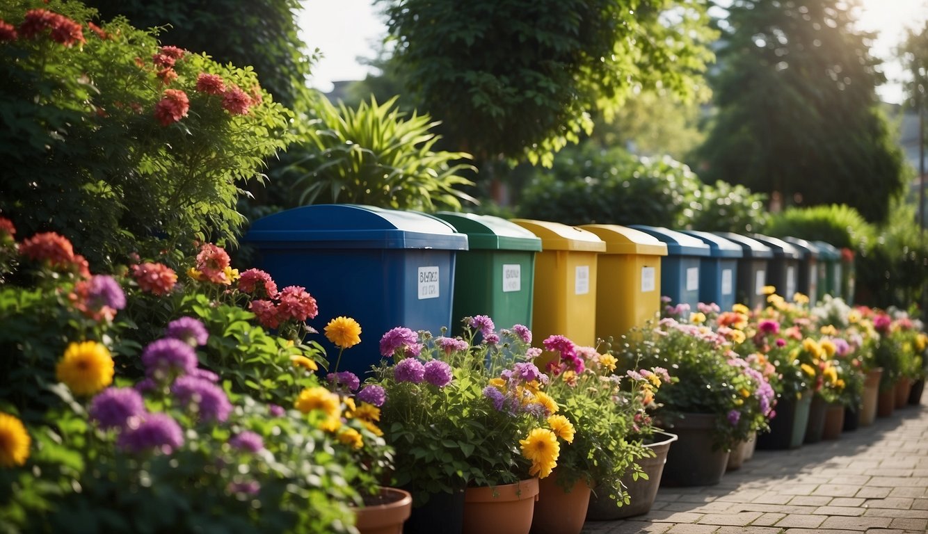 A garden with various recycling bins labeled for different materials, surrounded by lush greenery and colorful flowers
