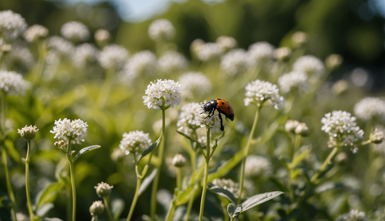 A garden with a diverse range of plants, some showing signs of pest damage, while others are thriving with the help of beneficial insects and natural predators