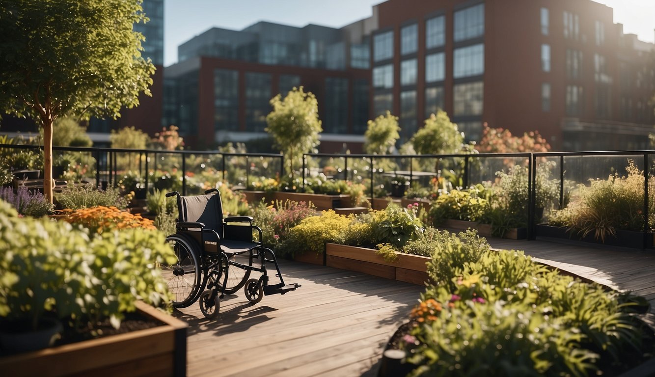 An accessible rooftop garden with FAQs signage, wheelchair ramp, and wide pathways