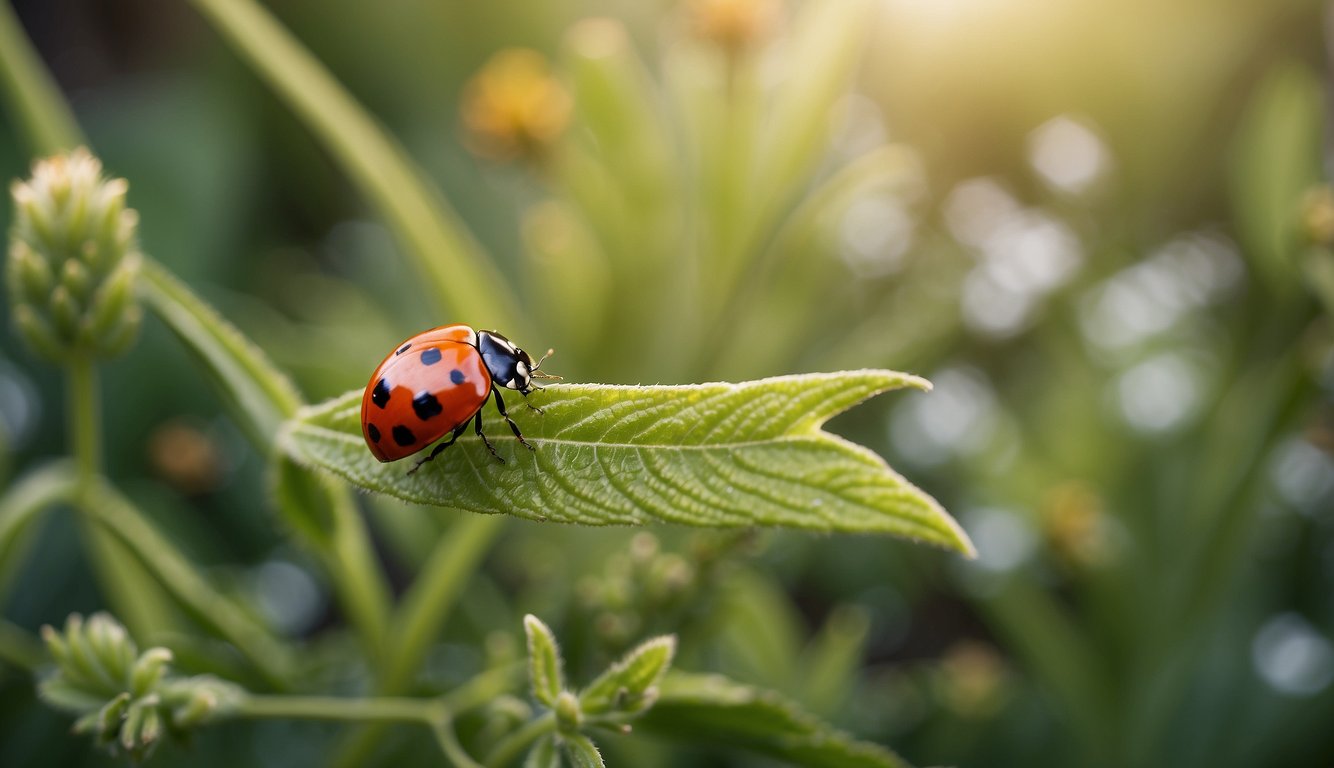 A garden with natural pest control methods: ladybugs, praying mantises, and companion planting. No chemical sprays or traps in sight