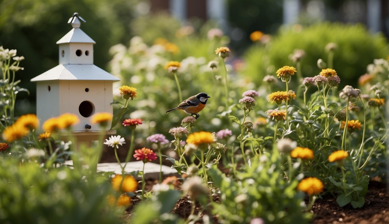 A garden with organic pest control methods: companion planting, birdhouses, and insect hotels. No chemical pesticides in sight