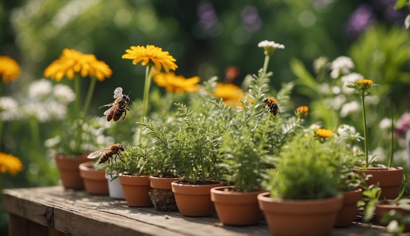 A garden with various plants and flowers, surrounded by eco-friendly pest management tools like natural insect repellents and organic pesticides