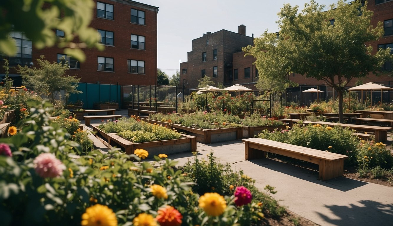 The abandoned urban lot transformed into a lush community garden, with raised beds, fruit trees, and colorful flowers. A gathering space with benches and a small stage for events completes the scene