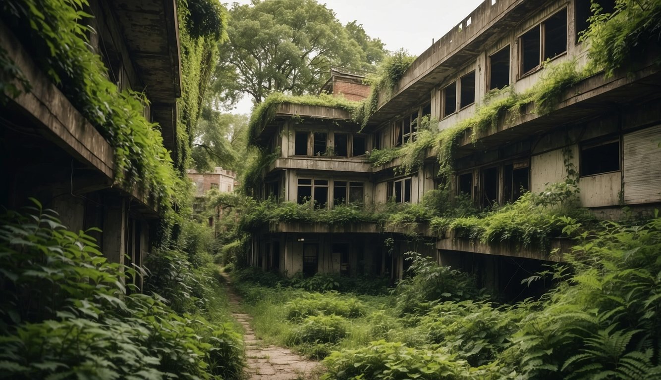 Lush greenery overtakes abandoned urban space, with trees and plants thriving amidst repurposed structures