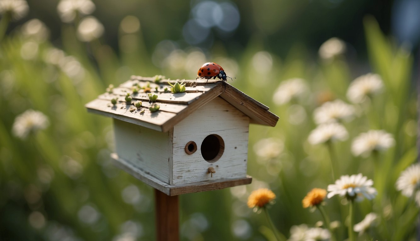 A garden with natural pest control methods: ladybugs on plants, diatomaceous earth sprinkled around, and a birdhouse for pest-eating birds