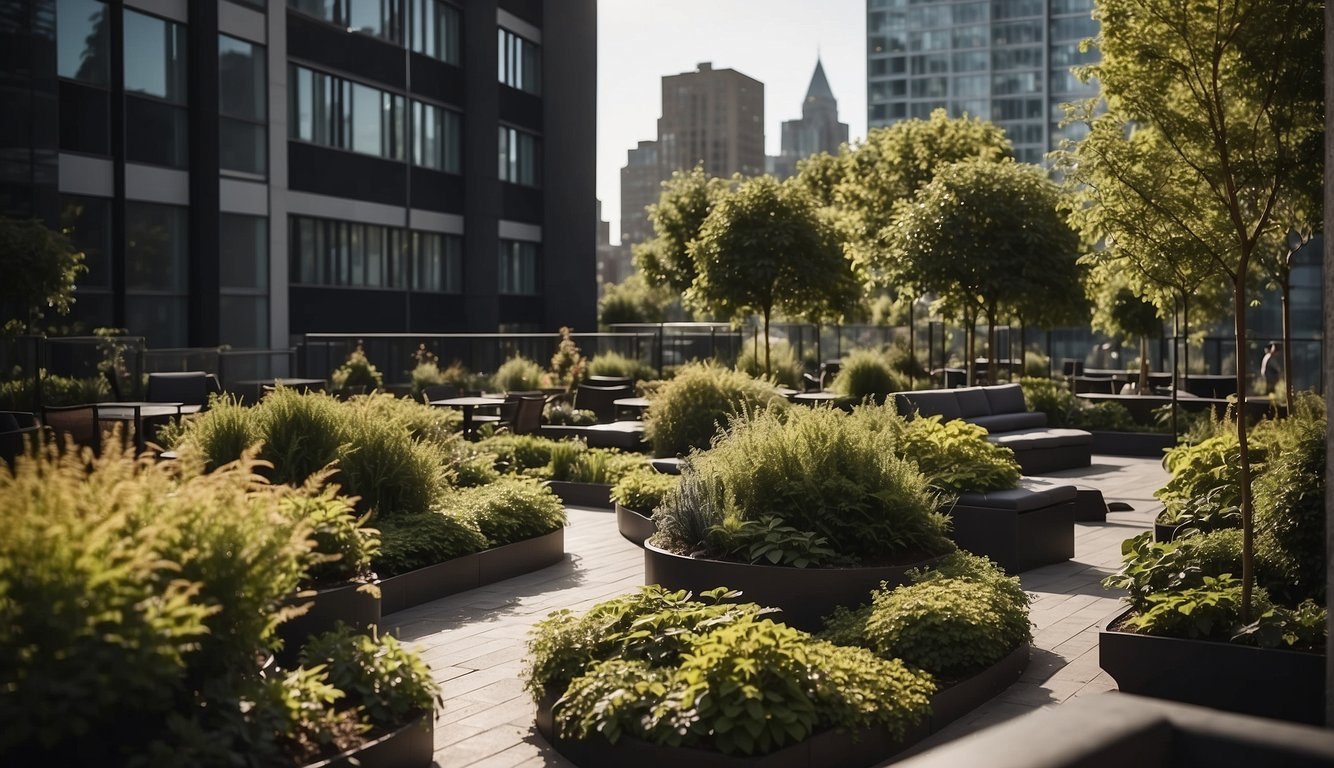 A lush rooftop garden with accessible pathways and seating areas, surrounded by tall buildings