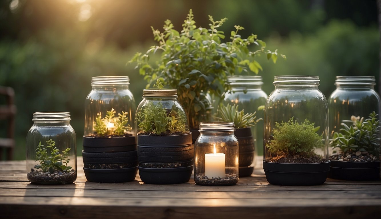 A table with various upcycled items: old jars turned into planters, wine bottles transformed into lamps, and used tires repurposed as outdoor seating