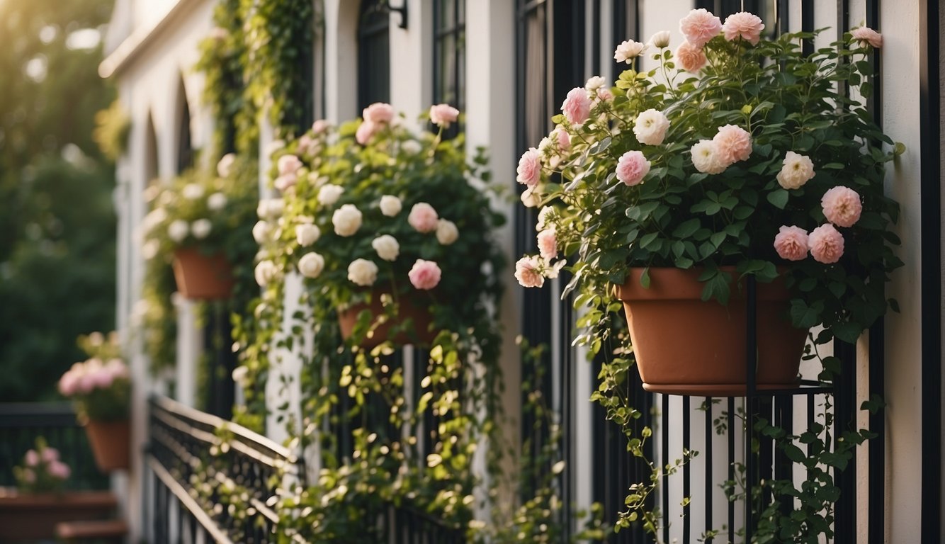 A lush balcony garden with intricate trellis designs, adorned with blooming flowers and trailing vines