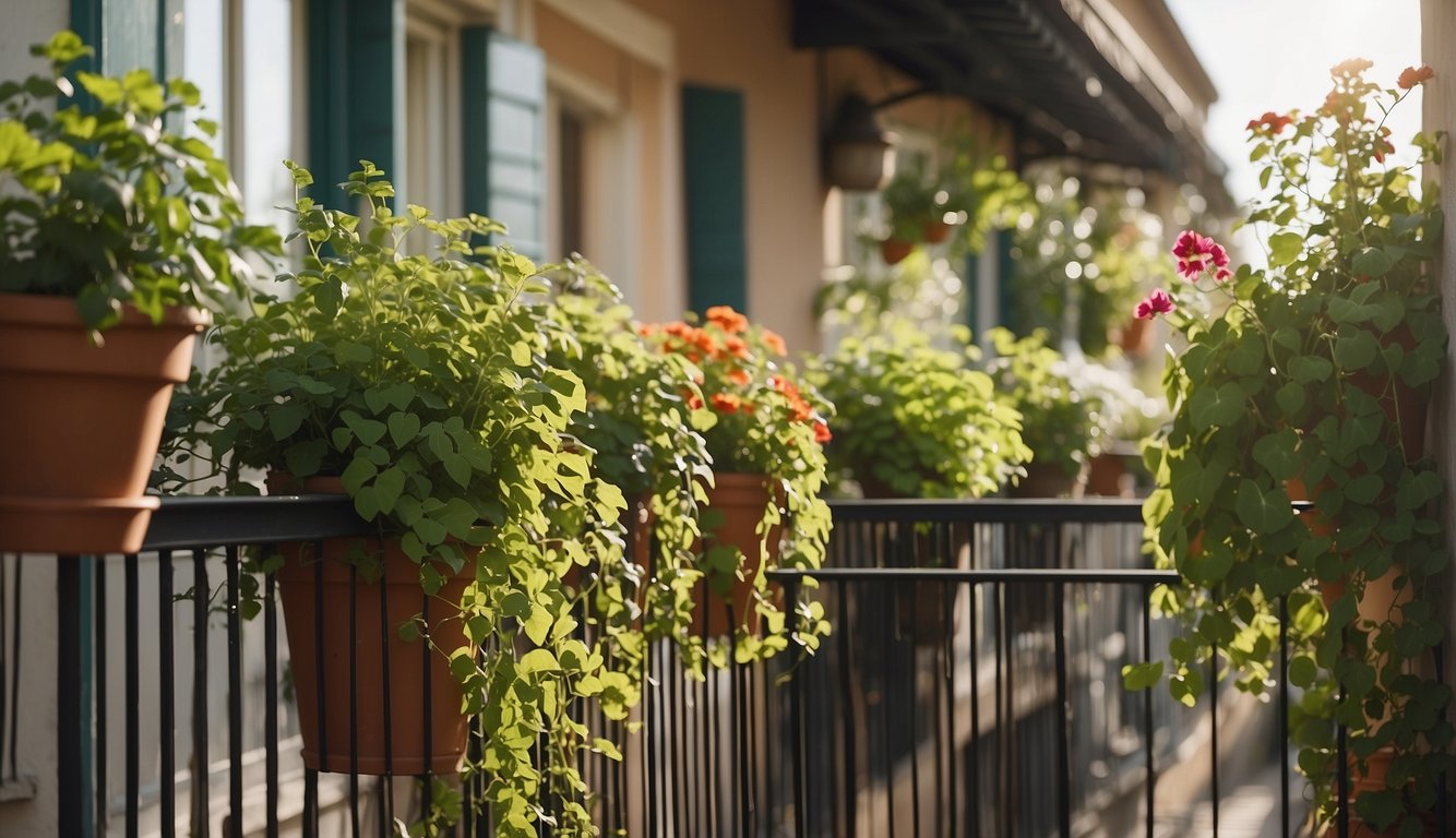 A balcony garden with a trellis featuring climbing plants, pots, and hanging baskets. The trellis is designed for both aesthetic appeal and functional support for the plants